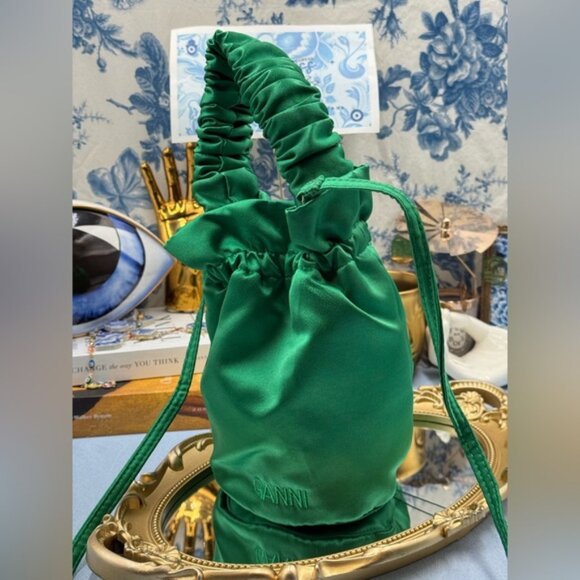 🆕 GANNI 🧿 NWOT Emerald Green Satin Pouch Bag - Top Handle & Crossbody Strap - Picture 7 of 15